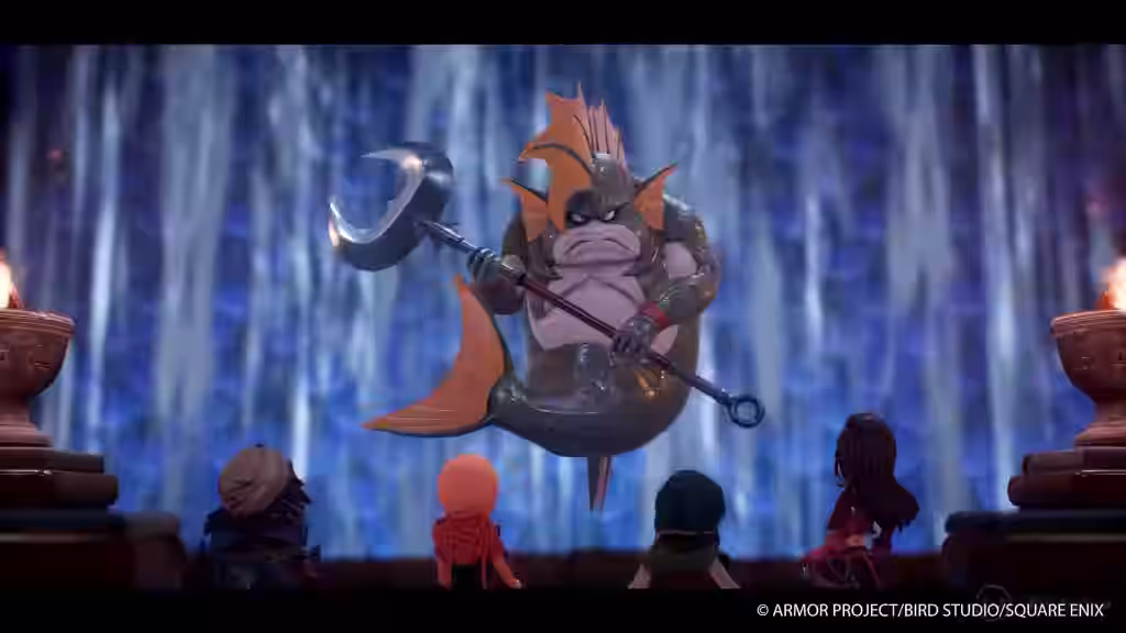 Un monstruo marino con una gran ancla amenaza a los héroes chibi en Dragon Quest VII Remake frente a una cascada luminosa.