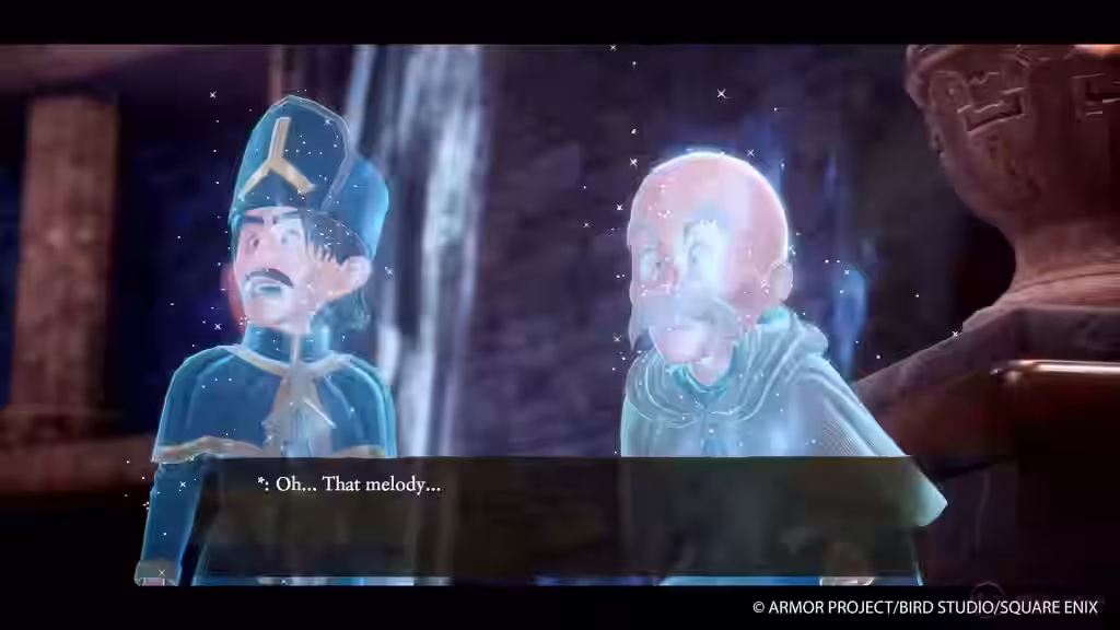 Dos personajes espectrales de Dragon Quest VII Remake escuchan una melodía frente a una cascada, con un mensaje de diálogo en la pantalla.