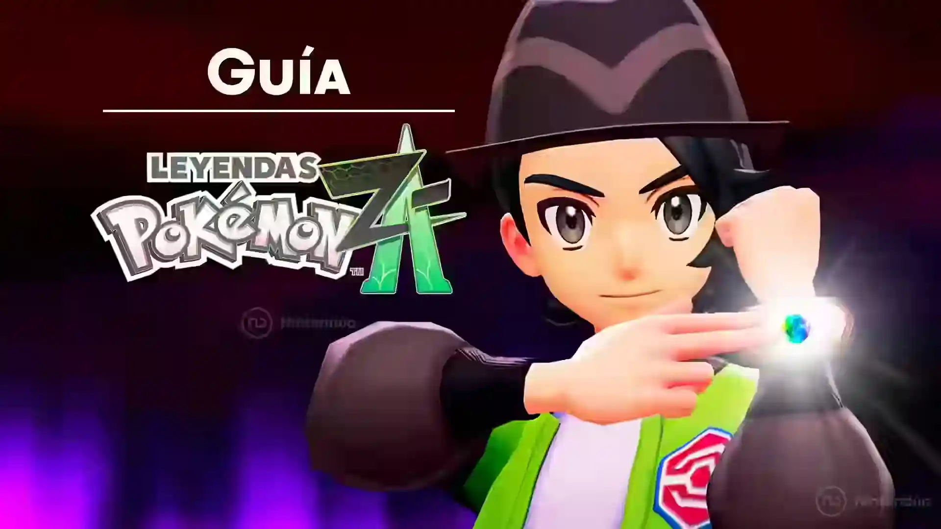 Guía de Megapiedras de Leyendas Pokémon ZA con un entrenador levantando el brazo y el logo del juego al fondo.