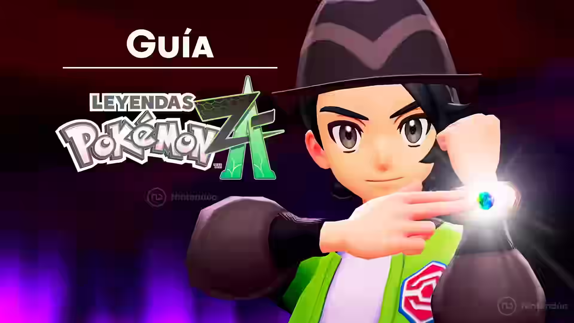 Guía de Megapiedras de Leyendas Pokémon ZA con un entrenador levantando el brazo y el logo del juego al fondo.