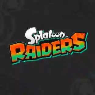 Logotipo colorido de Splatoon Raiders con la palabra ‘Splatoon’ en letras blancas y ‘Raiders’ en degradado verde y naranja sobre un fondo oscuro texturizado.