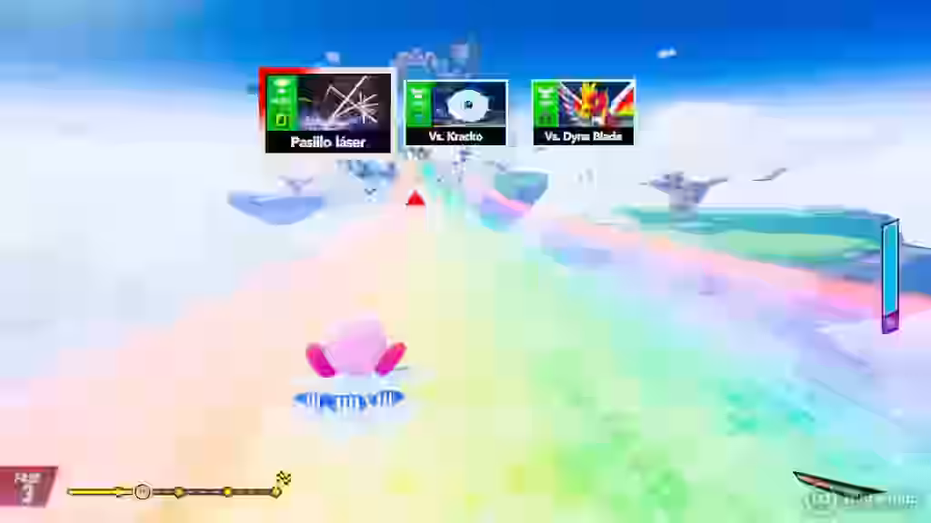 Kirby se desliza por un camino arcoíris en el cielo hacia tres paneles de elección con desafíos 'Pasillo láser', 'Vs. Kracko' y 'Vs. Dyn Blade' en Kirby Air Riders