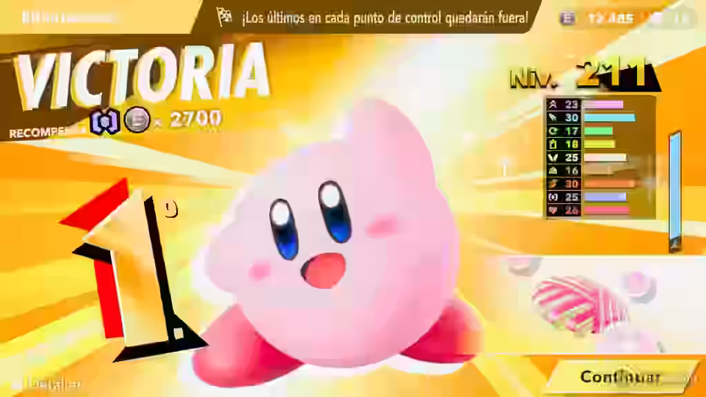 Kirby sonriente en la pantalla de victoria de Kirby Air Riders con un gran número 1 y la palabra "Victoria" resaltada junto a la recompensa de 2700 puntos