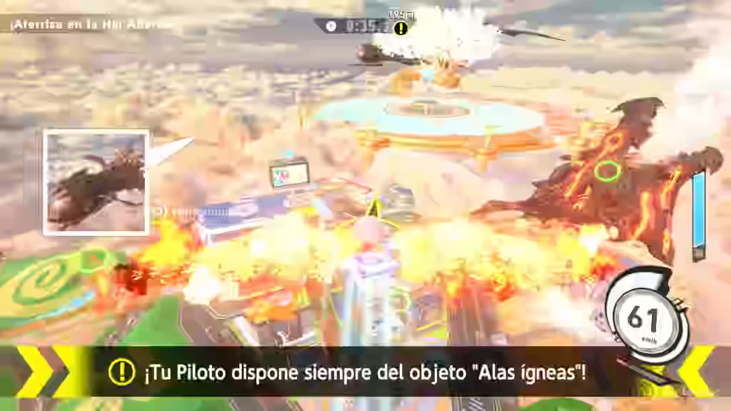 Kirby pilotando sobre plataformas flotantes en las nubes con el objeto “Alas ígneas” en Kirby Air Riders ND