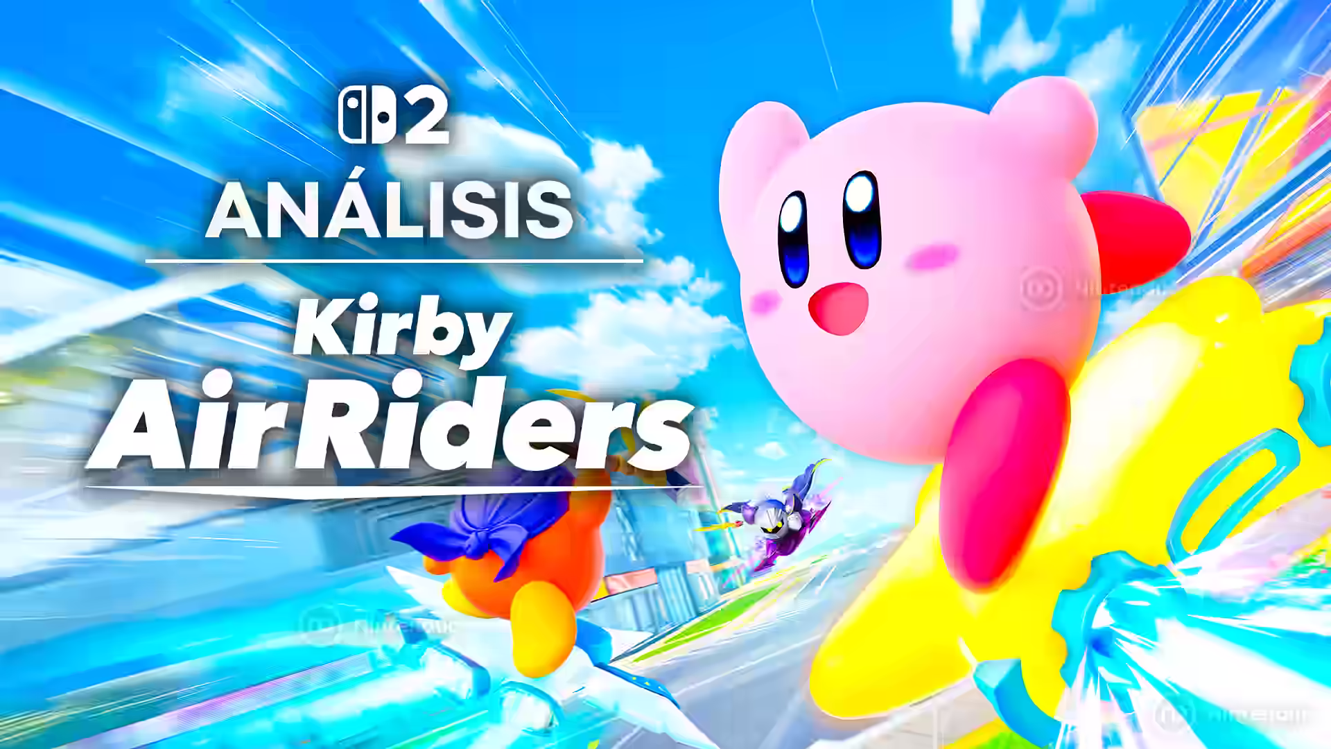 Kirby volando en una estrella amarilla junto a otros corredores en un circuito vibrante en Kirby Air Riders para Nintendo Switch 2.