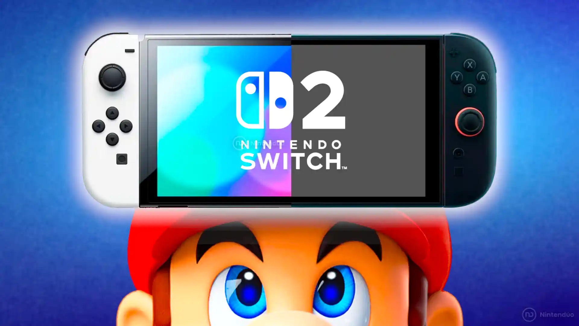 Nintendo Switch 2 de color blanco y negro con la pantalla dividida en dos colores sobre la cabeza de Mario, destacando la mejora de retrocompatibilidad.