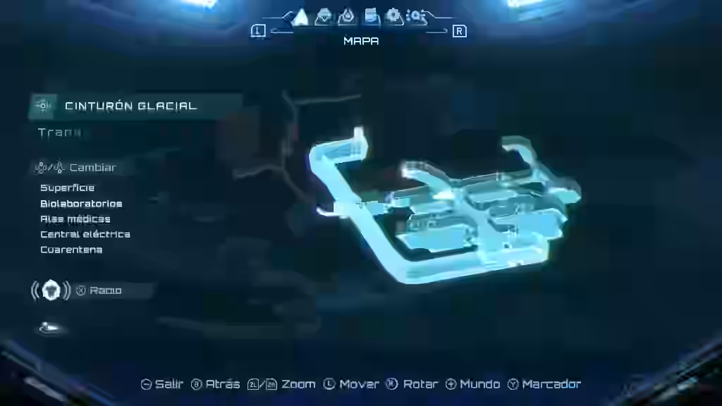 Mapa holográfico azul mostrando el Cinturón Glacial en Metroid Prime 4, con diseño laberíntico y etiquetas de ubicación.