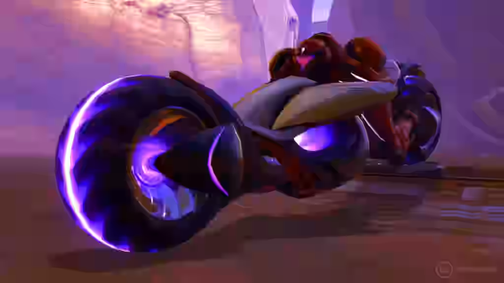 Motocicleta futurista con ruedas de energía púrpura avanzando por un cañón rocoso en Metroid Prime 4.