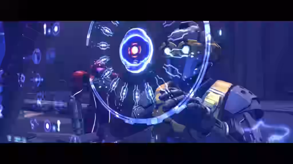 Samus Aran y un soldado acorazado contemplan un holograma circular azul con un núcleo rojo en Metroid Prime 4.