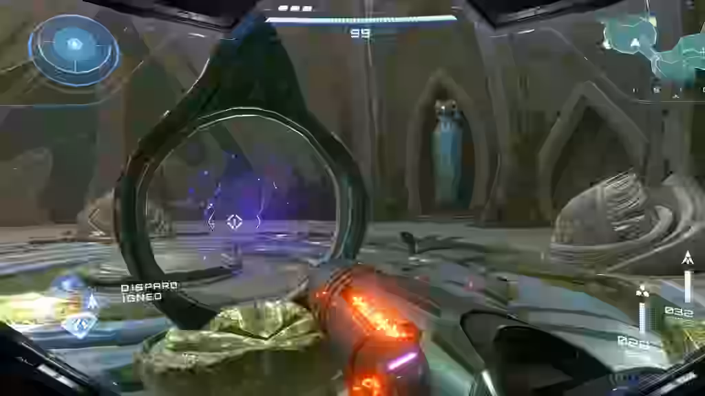 El cañón de brazo de Samus Aran apunta hacia un portal púrpura en un templo alienígena cubierto de vegetación en Metroid Prime 4.