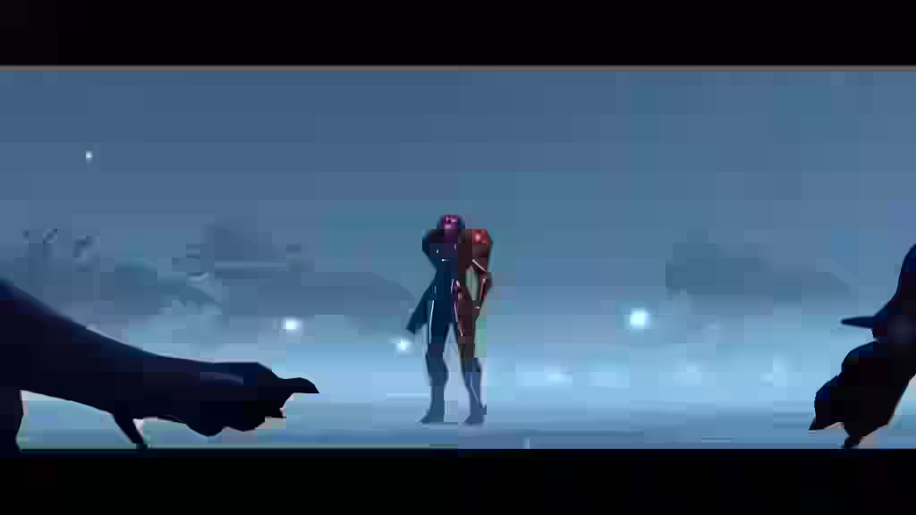 Samus Aran con su traje de combate en un paisaje helado mientras criaturas gigantes se insinúan en la niebla en Metroid Prime 4.