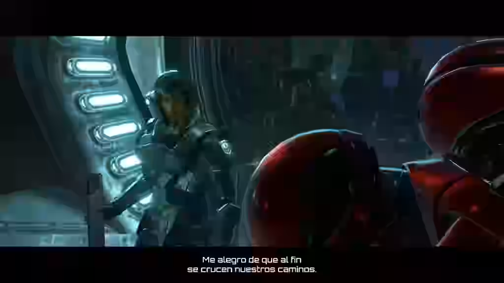 Soldado con armadura espacial junto al casco rojo de Samus Aran en un pasillo de nave con frase del diálogo en Metroid Prime 4.