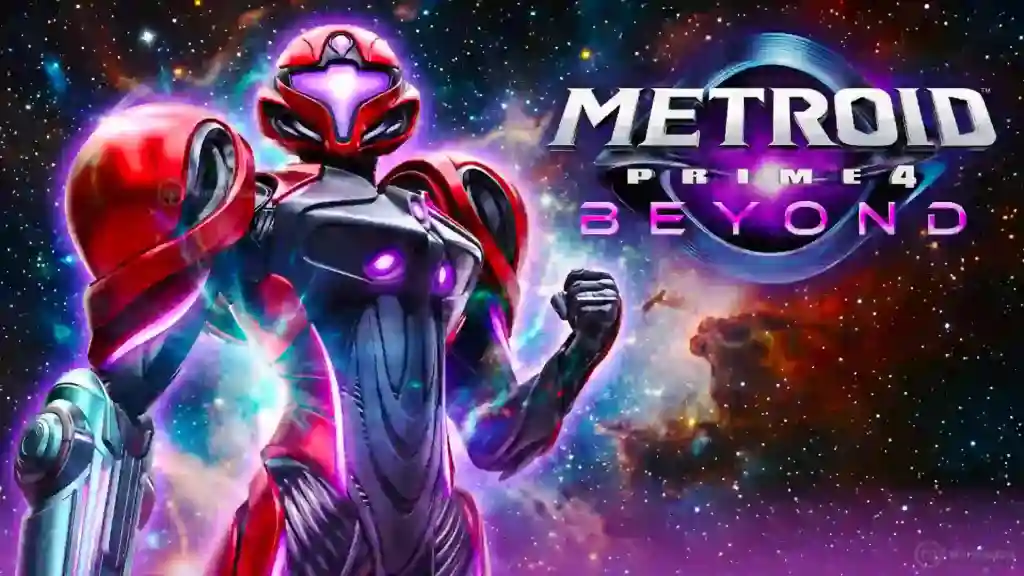 Samus Aran con su armadura roja y violeta posa ante un fondo estelar junto al logo de Metroid Prime 4 Beyond