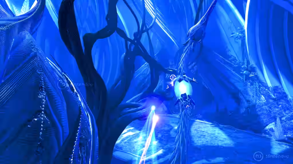 Samus Aran en su forma Morph Ball atraviesa un bosque alienígena azul iluminado en Metroid Prime 4 Beyond para Nintendo Switch 2