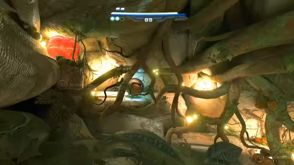 Vista en primera persona de Samus Aran explorando un túnel subterráneo cubierto de raíces y luces bioluminiscentes en Metroid Prime 4 Beyond para Nintendo Switch 2