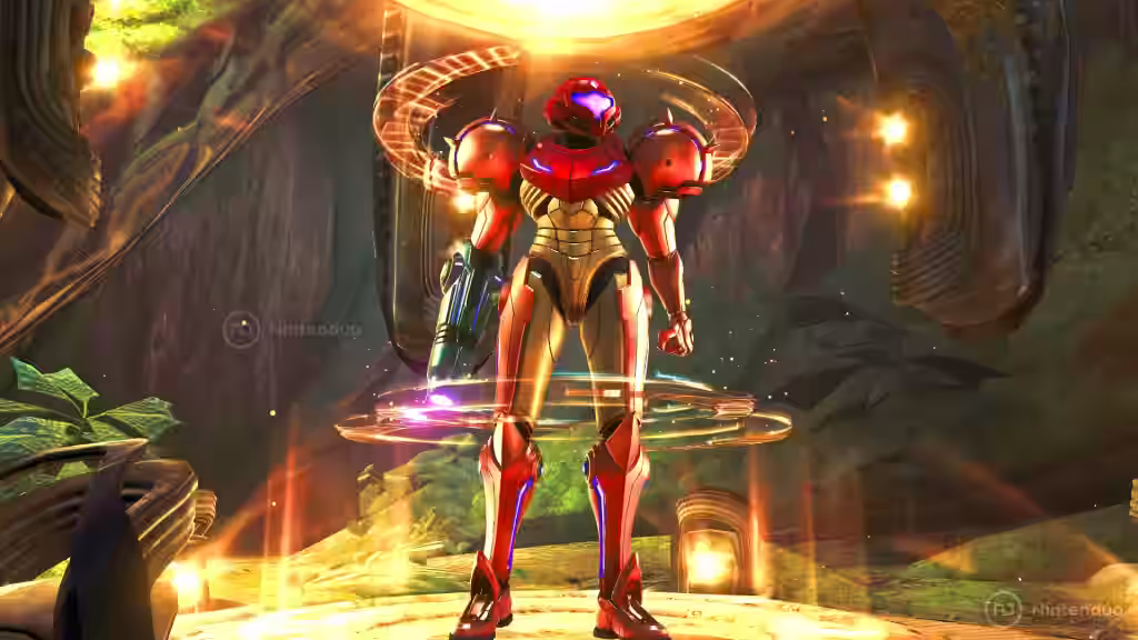 Samus Aran con su traje rojo elevándose en una plataforma rodeada de anillos de energía luminosos en Metroid Prime 4 Beyond para Nintendo Switch 2