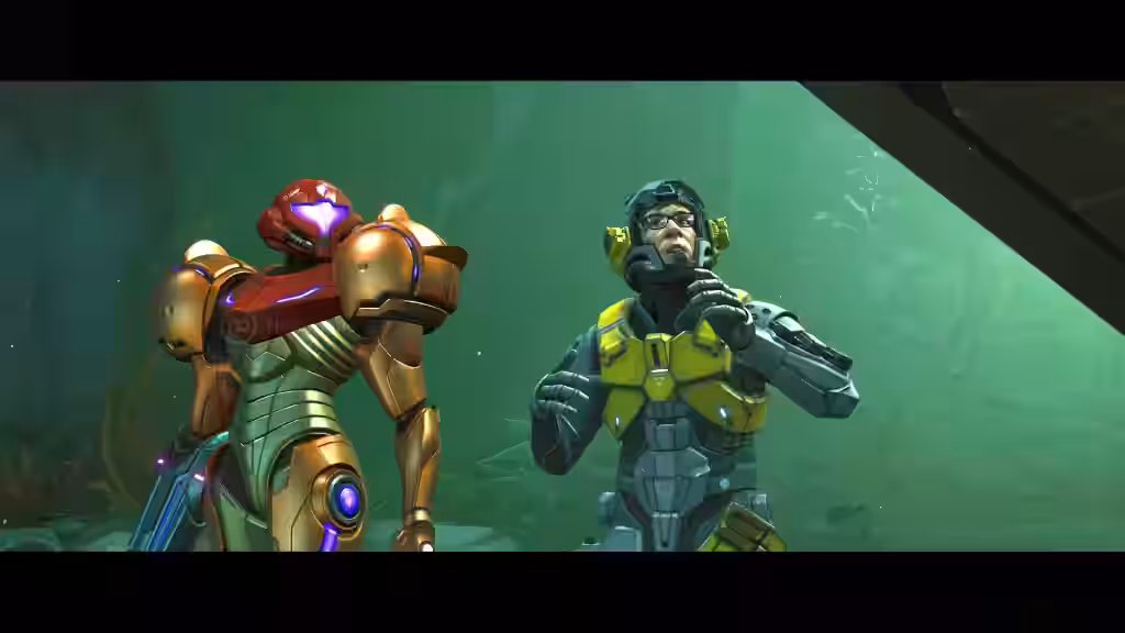 Samus Aran con su icónico traje espacial junto a un soldado con armadura amarilla en un entorno alienígena verde en Metroid Prime 4 Beyond para Nintendo Switch 2
