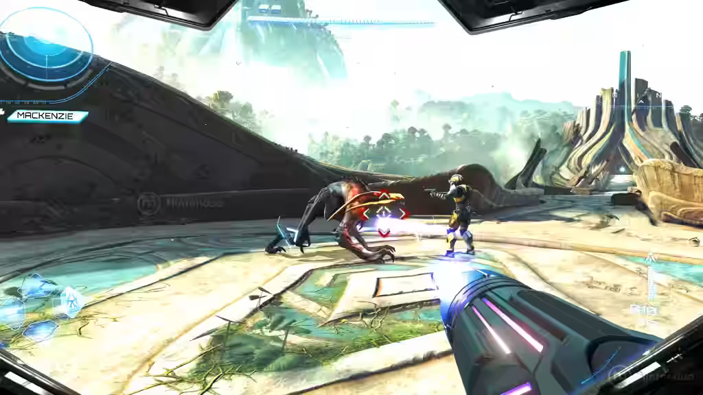 Vista en primera persona de Samus Aran apuntando con su cañón de brazo mientras un soldado lucha contra una criatura alienígena en una plataforma al aire libre en Metroid Prime 4 Beyond para Nintendo Switch 2