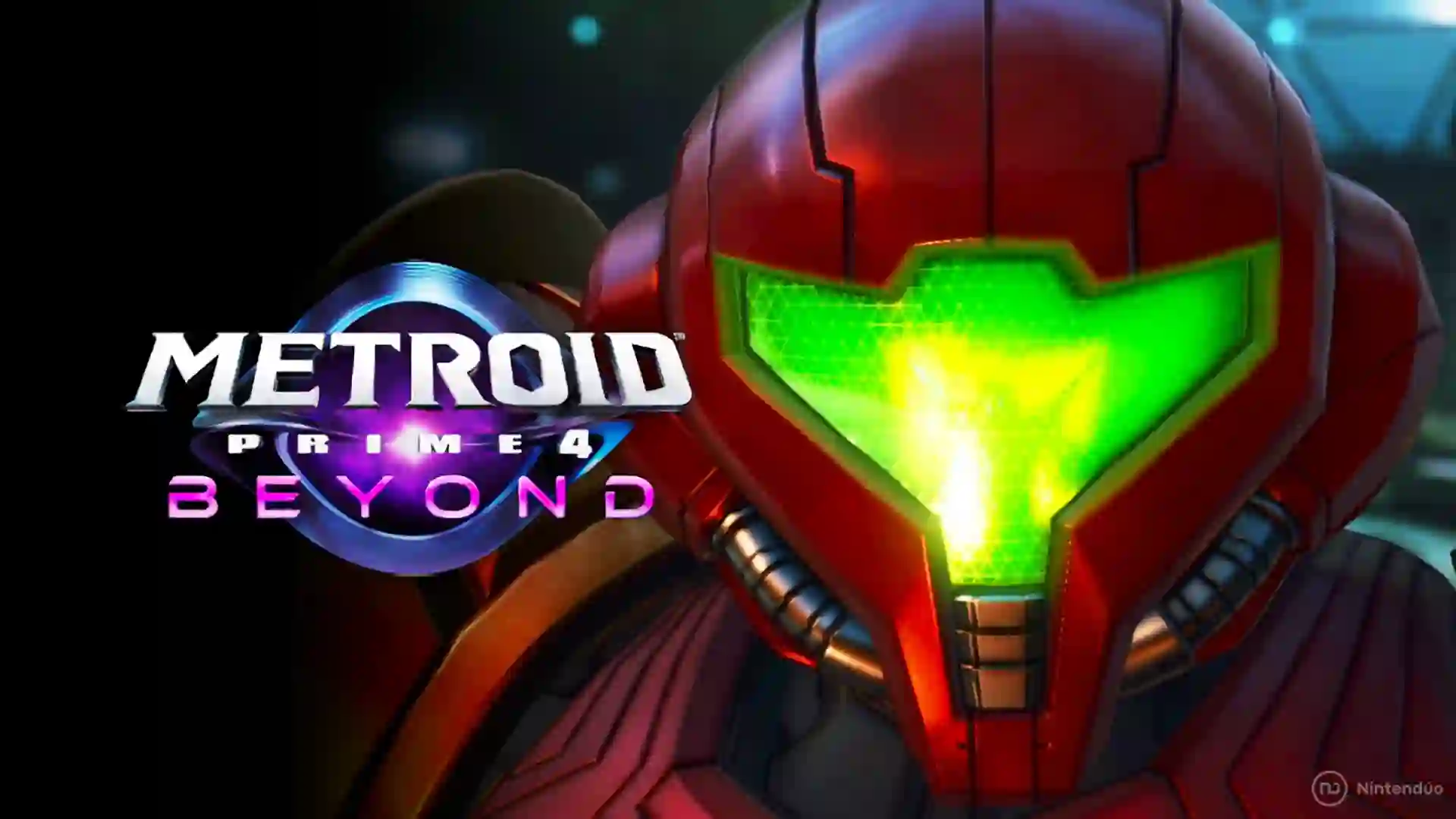 Primer plano del casco rojo de Samus Aran con visera verde y el logotipo de Metroid Prime 4 Beyond.