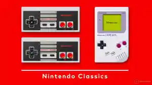 Dos mandos clásicos de Nintendo Entertainment System y una Game Boy original sobre fondo rojo con el texto «Nintendo Classics».