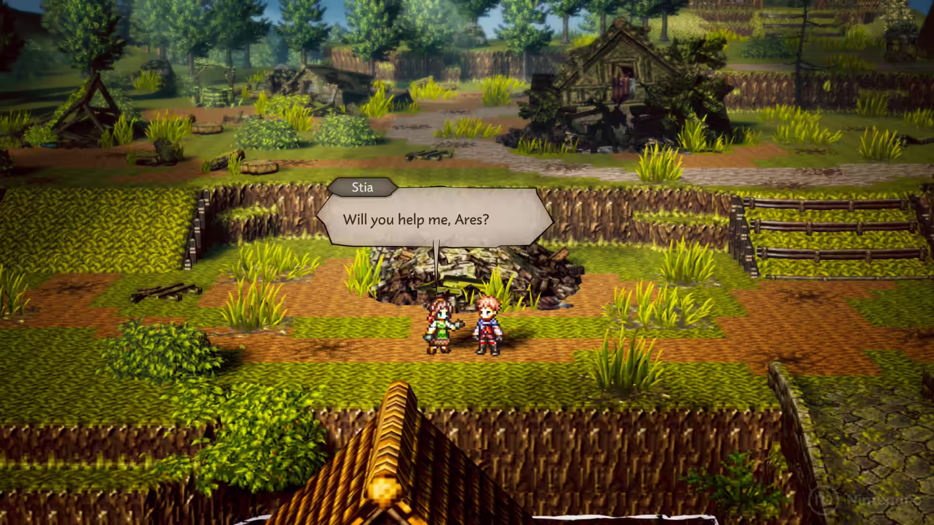 Sia le pide ayuda a Ares junto a un pozo en una pradera escalonada en Octopath Traveler 0 para Nintendo Switch 2