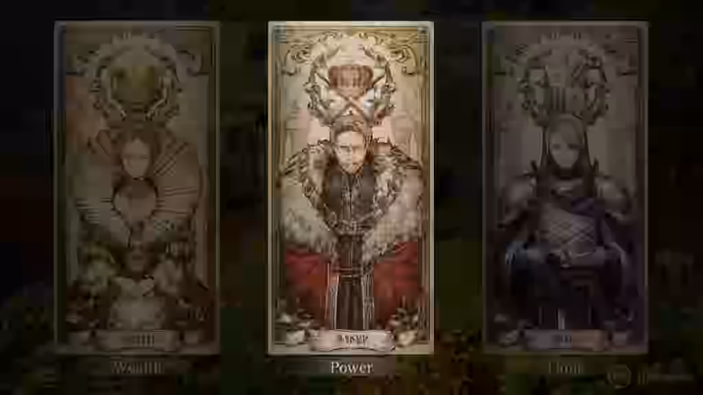 Tres cartas ilustradas de Wealth, Power y Fame en Octopath Traveler 0 para Nintendo Switch 2