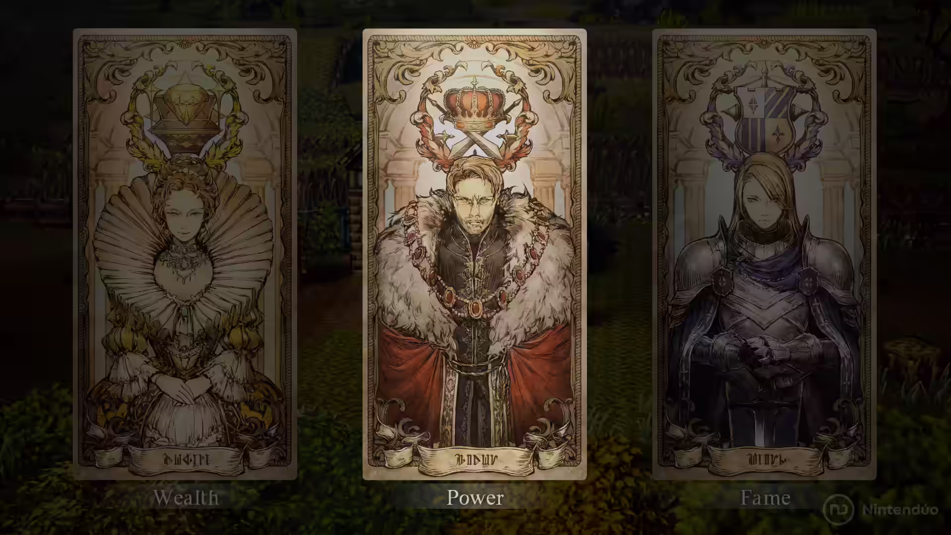 Tres cartas ilustradas de Wealth, Power y Fame en Octopath Traveler 0 para Nintendo Switch 2