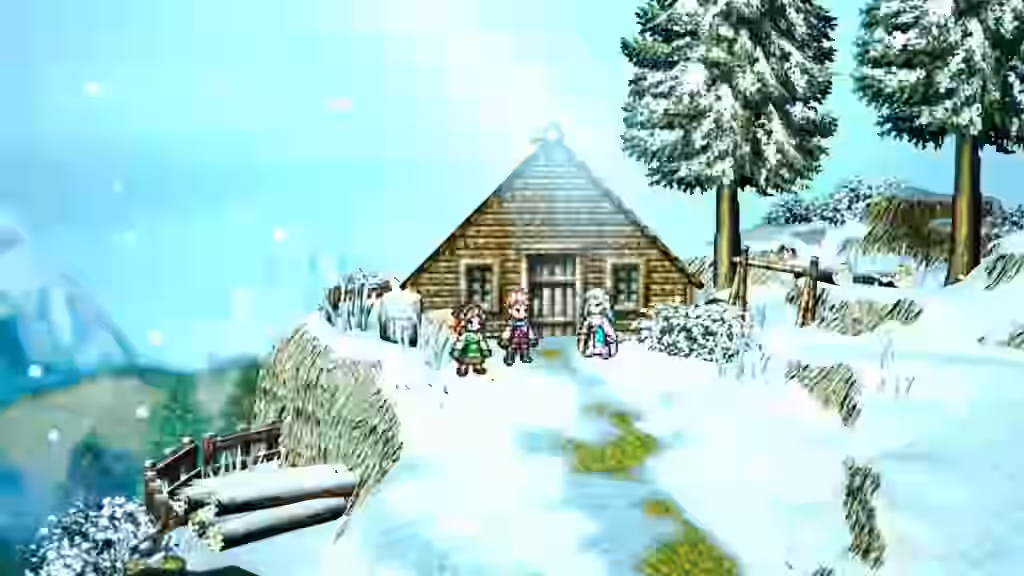 Escena invernal de Octopath Traveler 0 con varios personajes frente a una cabaña en un paisaje nevado para Nintendo Switch 2