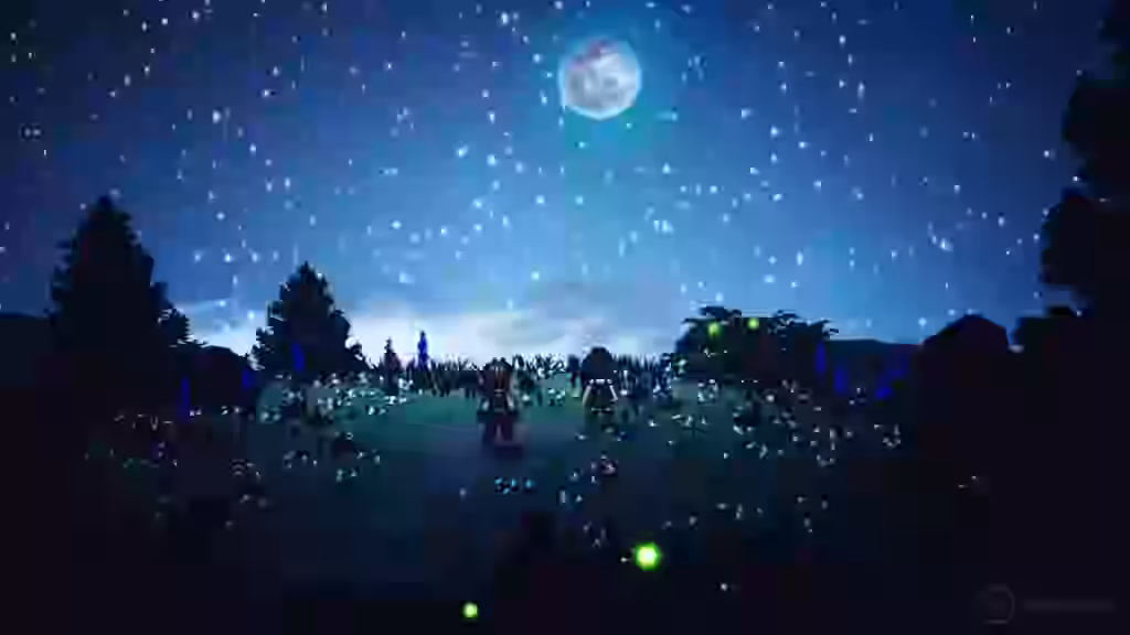 Escena nocturna en Octopath Traveler 0 con personajes en un campo bajo una luna llena y luces brillantes en Nintendo Switch 2