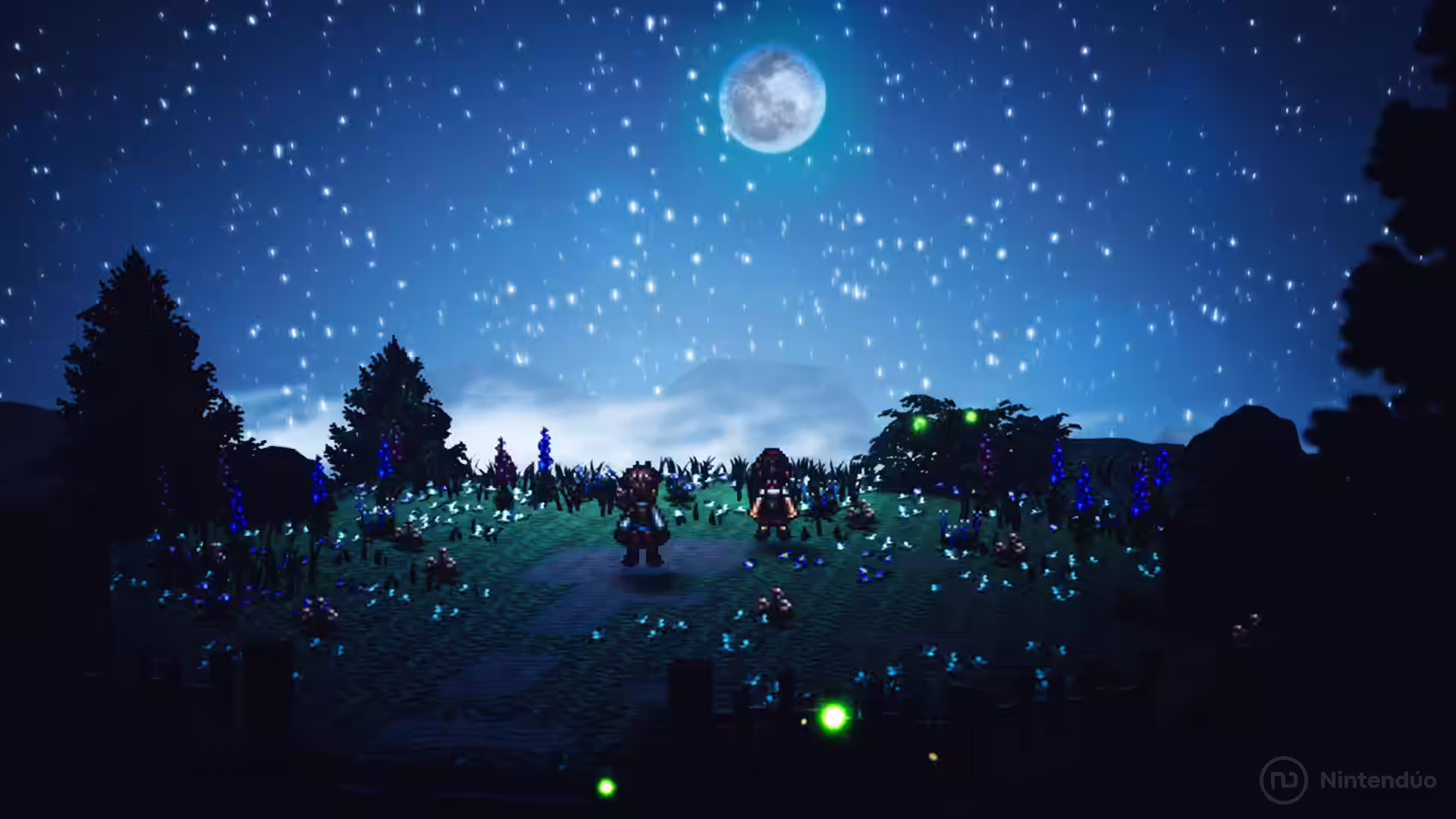 Escena nocturna en Octopath Traveler 0 con personajes en un campo bajo una luna llena y luces brillantes en Nintendo Switch 2