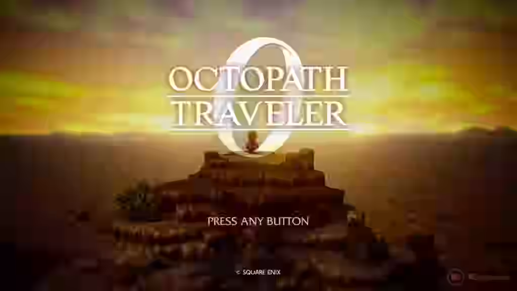 Pantalla de título de Octopath Traveler 0 con el logotipo sobre una estructura de piedra al atardecer en Nintendo Switch 2.