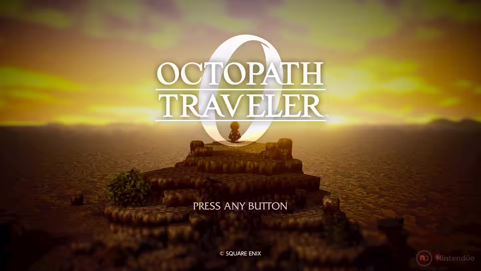 Pantalla de título de Octopath Traveler 0 con el logotipo sobre una estructura de piedra al atardecer en Nintendo Switch 2.
