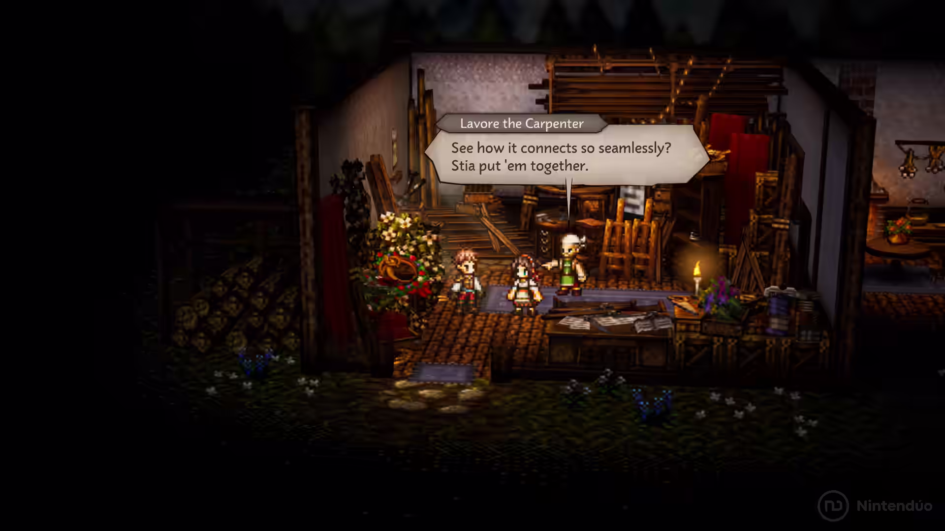 Sia y sus compañeros conversan con Laquor the Carpenter en un taller iluminado en Octopath Traveler 0 para Nintendo Switch 2