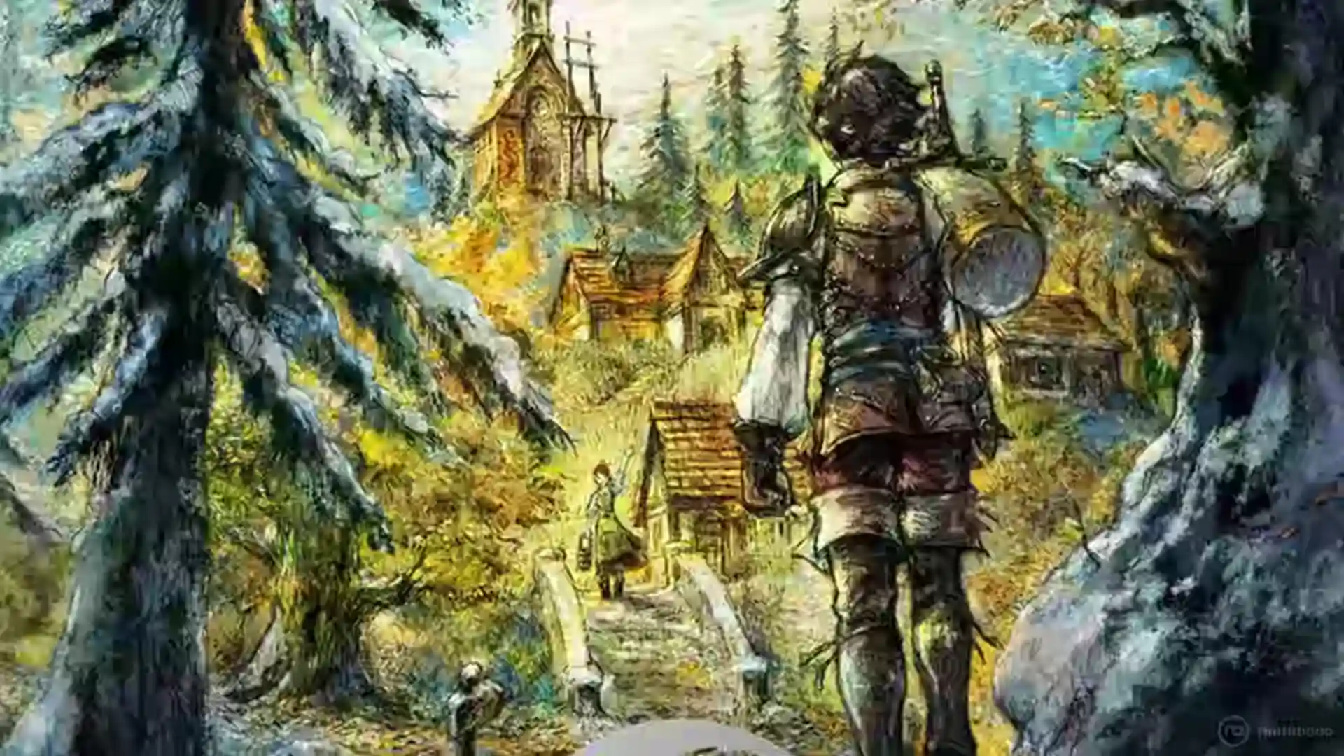 Ilustración de Octopath Traveler 0 en la que un aventurero con armadura y mochila contempla un pueblo medieval entre árboles nevados y colores otoñales.