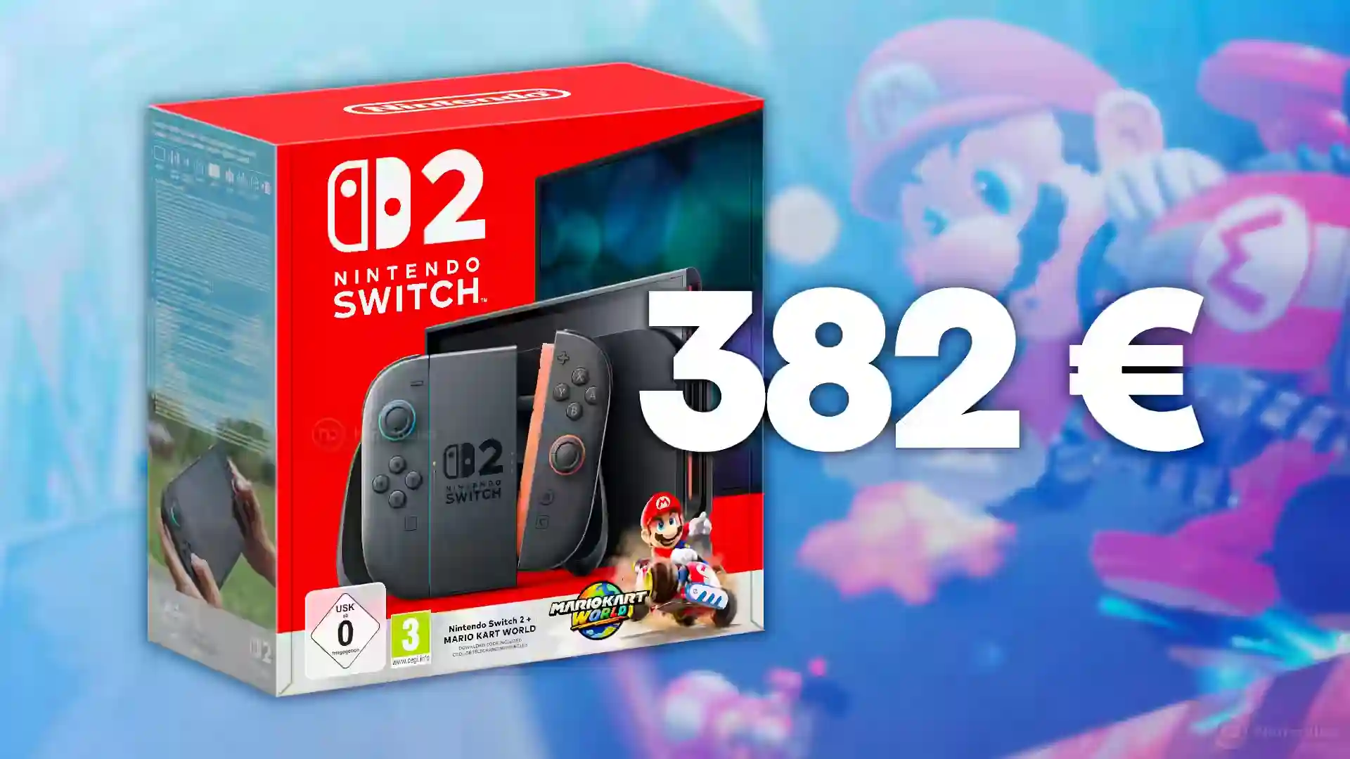 Oferta del pack de Nintendo Switch 2 con Mario Kart World mostrando la caja de la consola y el precio promocional de 382 euros sobre un fondo con Mario.