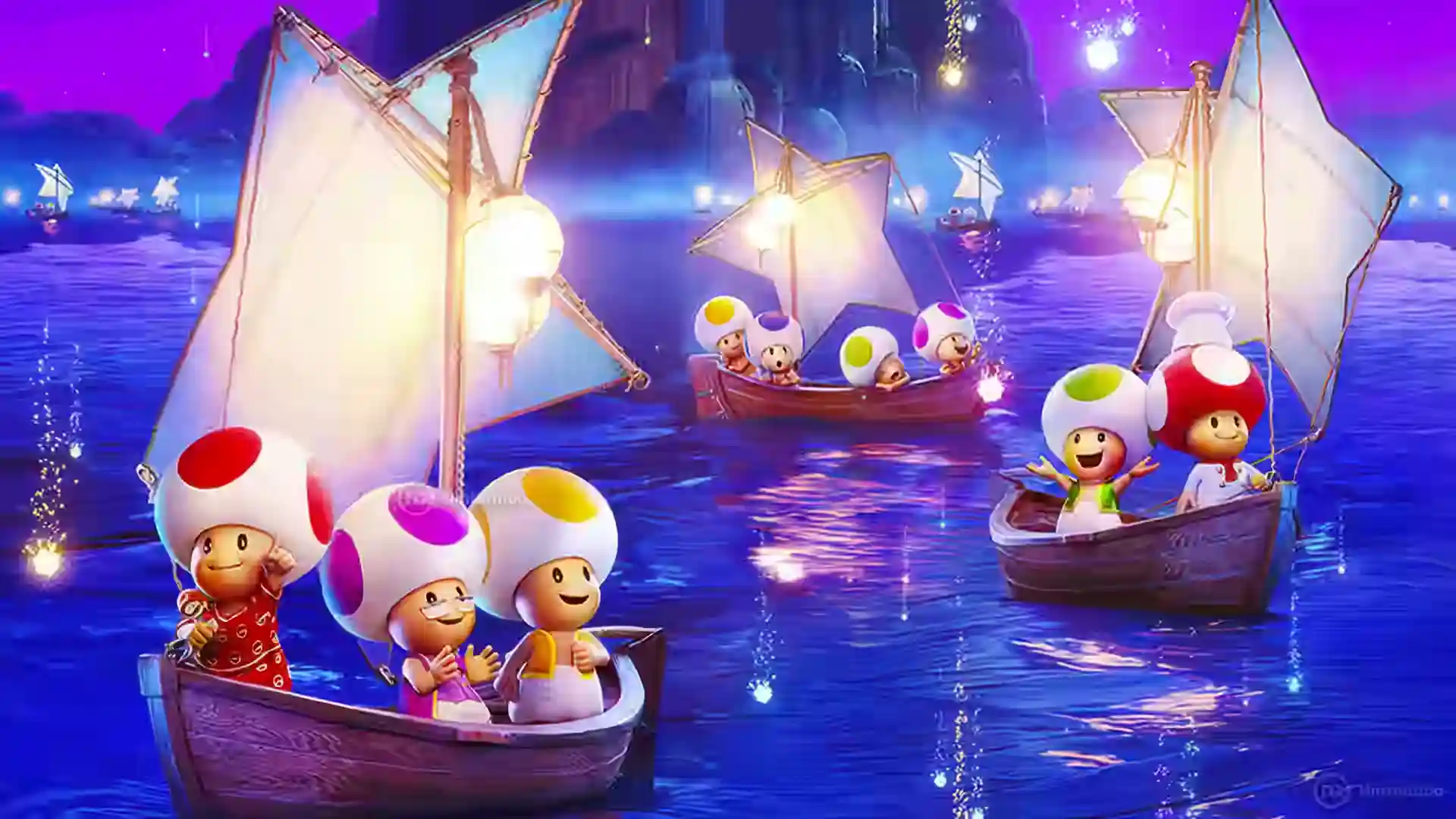 PĂłster de Super Mario Galaxy La PelĂcula donde varios Toads navegan en barcas de madera con velas iluminadas sobre un mar nocturno, con destellos y montañas al fondo.