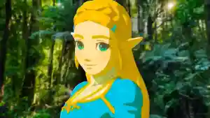 Imagen filtrada de la película de The Legend of Zelda con la princesa Zelda de cabello rubio y traje azul en un bosque.