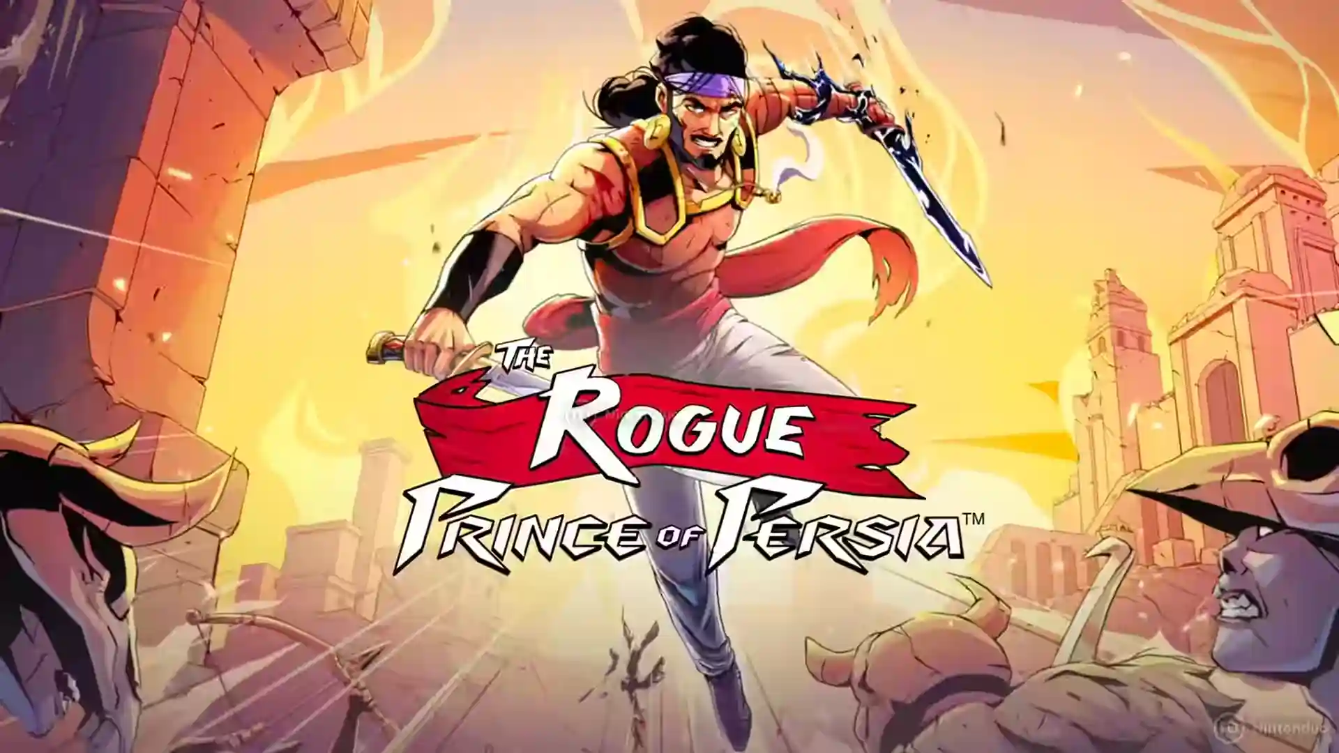 Arte promocional de The Rogue Prince of Persia con el protagonista saltando y blandiendo una cimitarra sobre enemigos con cuernos en un entorno inspirado en Persia.