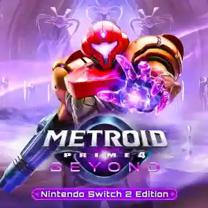 Portada de Metroid Prime 4 Beyond Nintendo Switch 2 Edition con Samus Aran en armadura roja lanzando energía púrpura y el logotipo del juego sobre un fondo violeta futurista.