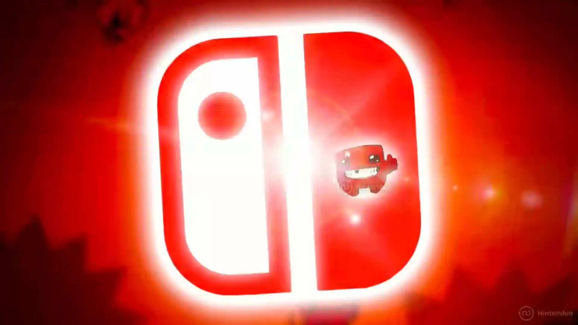 Logotipo de Nintendo Switch en rojo brillante con un cochecito animado en el centro sobre un fondo oscuro.