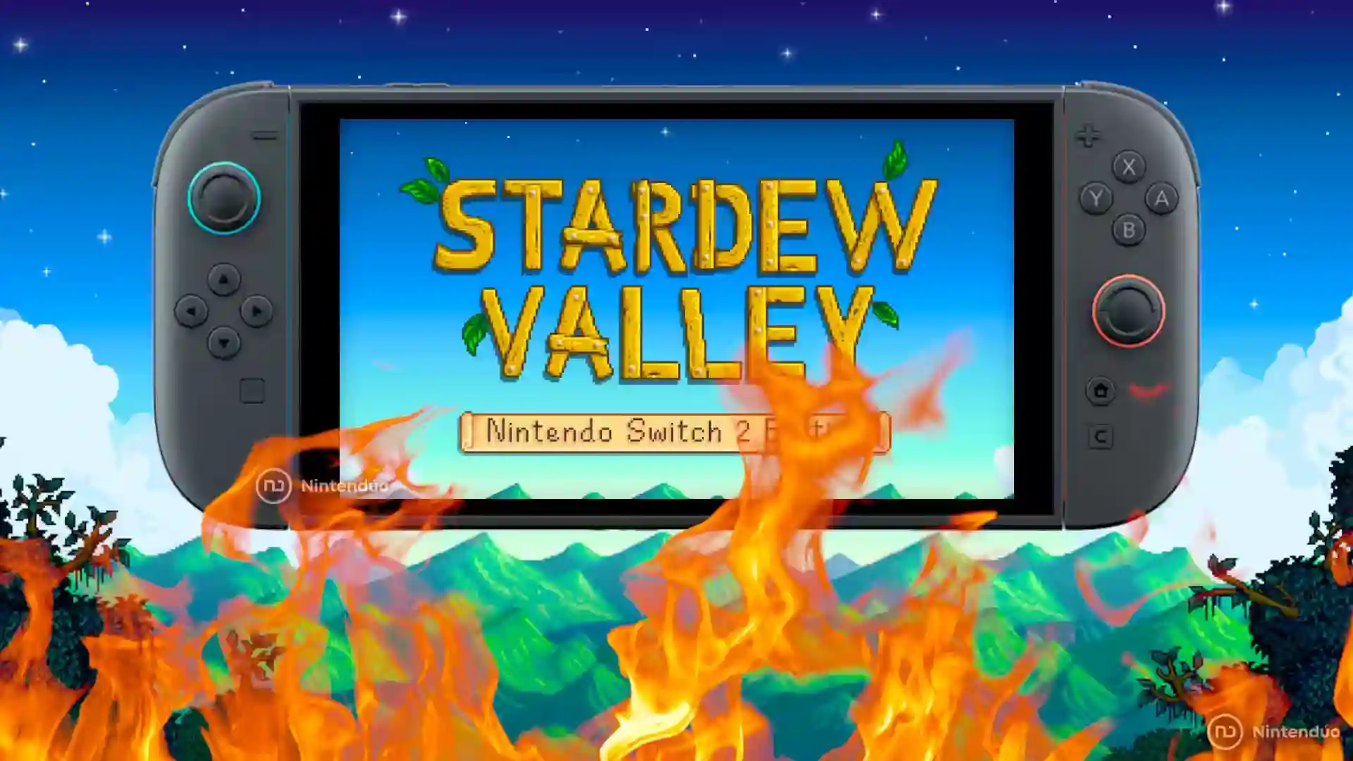 Una Nintendo Switch 2 mostrando el logo del videojuego Stardew Valley entre llamas