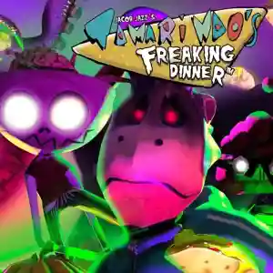 Ilustración promocional de Tamarindo's Freaking Dinner con dos criaturas caricaturescas de ojos brillantes y expresiones extrañas bajo el logotipo del juego en un estilo colorido.