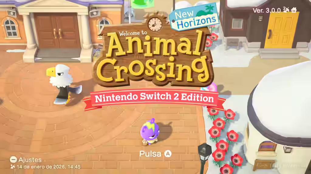Portada de bienvenida de Animal Crossing: New Horizons Versión 3.0.0 Nintendo Switch 2 Edition con logo dorado, personajes y tienda al fondo en plaza pública.