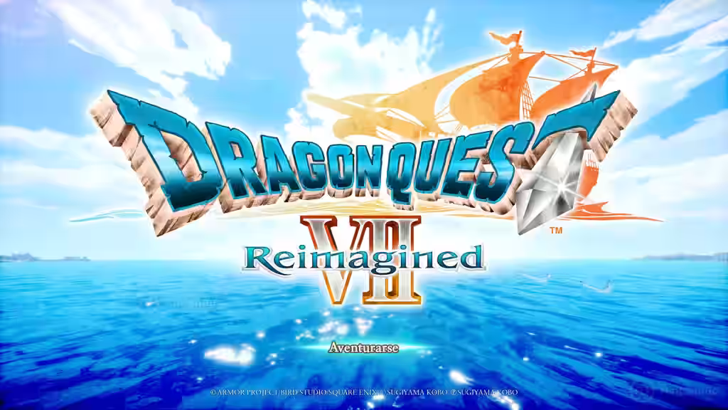 Pantalla de título de Dragon Quest VII Reimagined para Nintendo Switch 2 con logo oficial y dragón sobre el océano