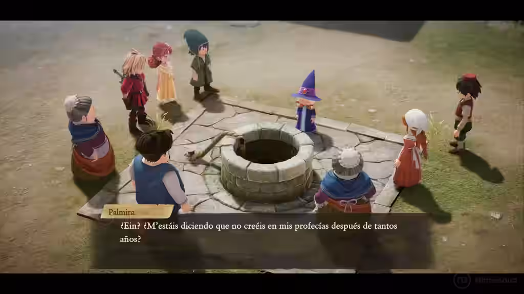 Escena de diálogo con la adivina Palmira junto al pozo en Dragon Quest VII Reimagined para Nintendo Switch 2 con múltiples personajes reunidos