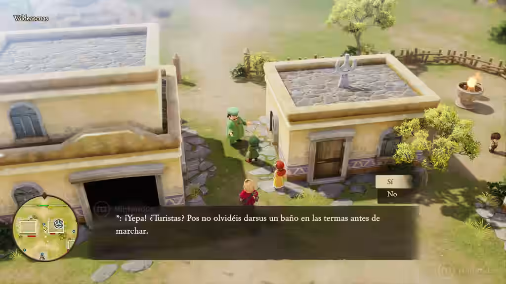 Escena de Dragon Quest VII Reimagined en Nintendo Switch 2 mostrando personajes en una terraza de pueblo con diálogo sobre las termas