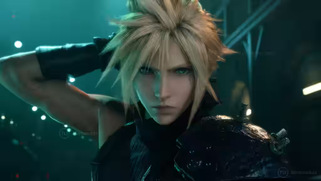 Cloud Strife en pose de combate con la Buster Sword en Final Fantasy VII Remake con iluminación de neón.