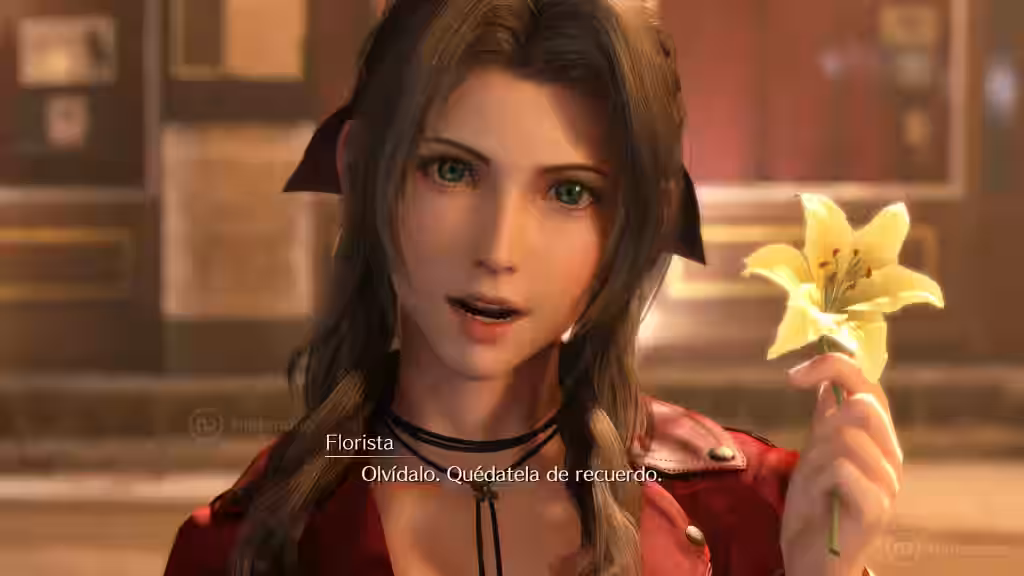 Aerith Gainsborough de Final Fantasy VII - 10 sosteniendo una flor amarilla en una sala interior iluminada.