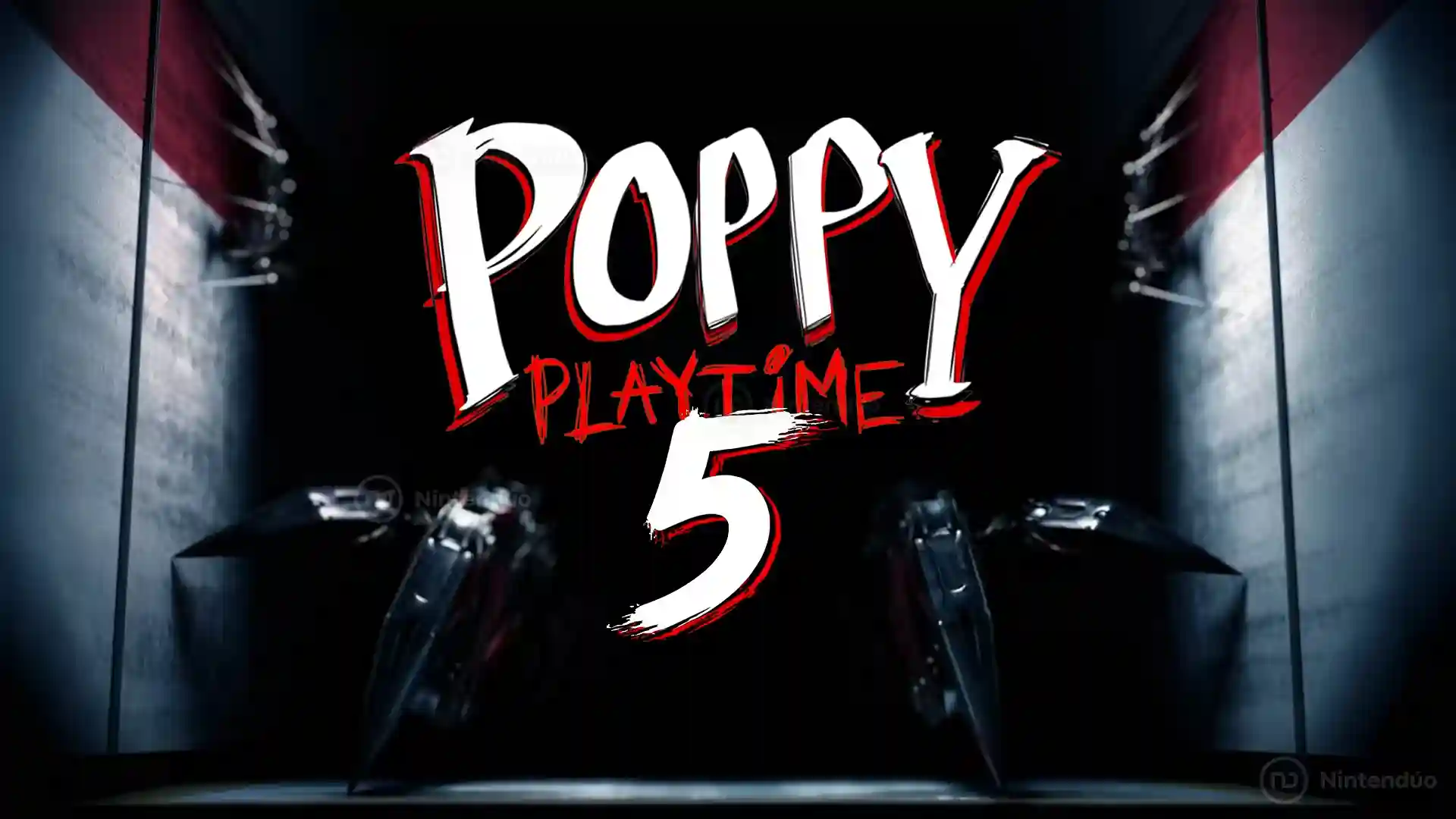 Logo del juego Poppy Playtime: Capítulo 5 iluminando un pasillo oscuro con luces rojas y negras.