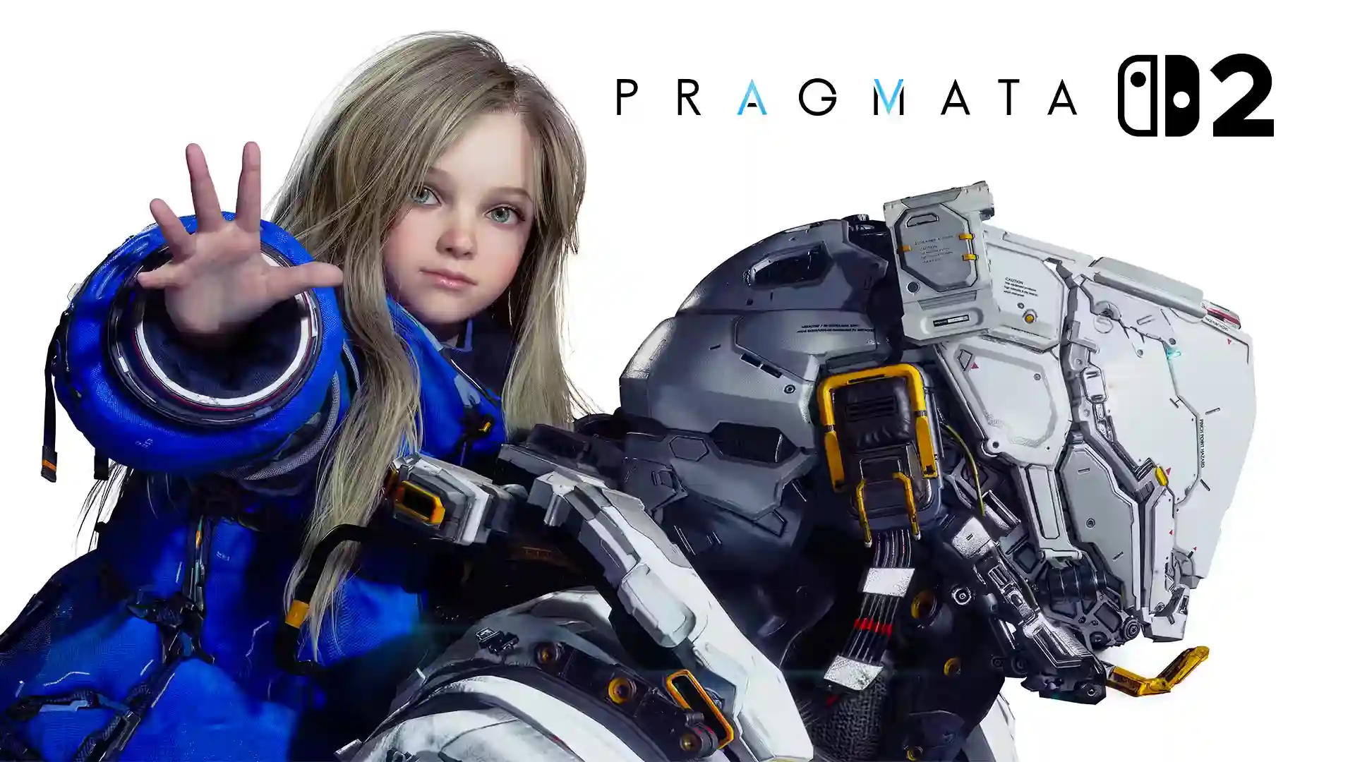 Niña con traje espacial azul y robot acompañante en el logo de Pragmata para Nintendo Switch 2